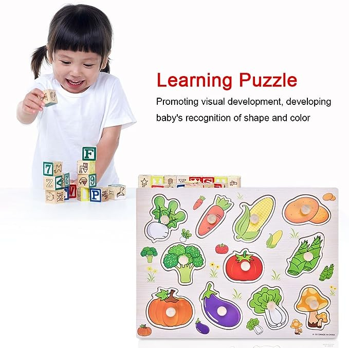 Puzzle Incastru Din Lemn Cu Legume Cu Buton Si Imagini, 30x22 cm [3]