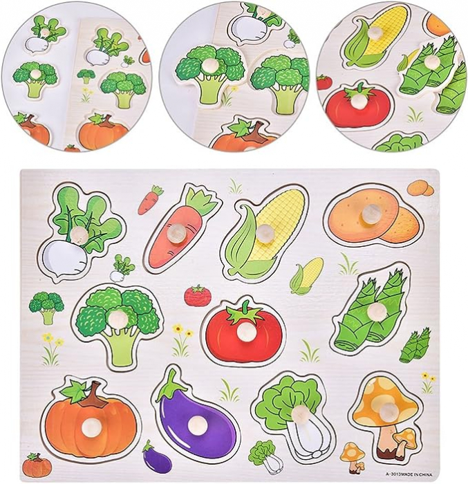 Puzzle Incastru Din Lemn Cu Legume Cu Buton Si Imagini, 30x22 cm [4]