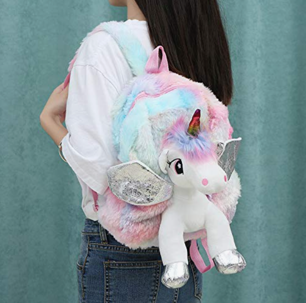 Rucsac din plus de tip ghiozdanel pentru copii Roz/Alb Cu Unicorn Pufos [1]