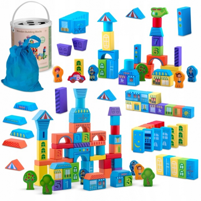 Set educational cu blocuri din lemn, 100 bucati, Ricokids RK-871 - Orasel [1]