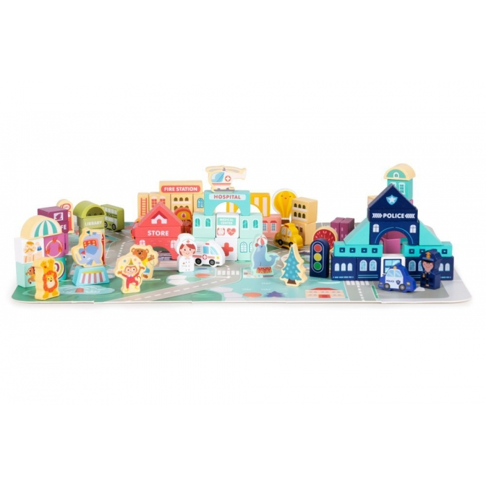 Set educational cu blocuri din lemn si covoras, 121 piese, City Ecotoys MA802 [1]