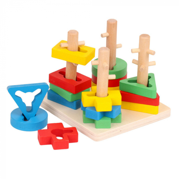 Sortator de forme geometrice din lemn cu 4 coloane, Montessori, multicolor [1]