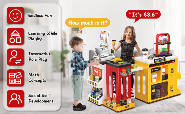 Supermarket de Jucarie pentru Copii, 65 Piese, cu Casa de Marcat, Scanner, POS, 60 cm [3]