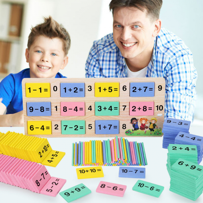 Tabla educativa 2 in 1 din lemn, invata matematica, piese de domino colorate. [2]