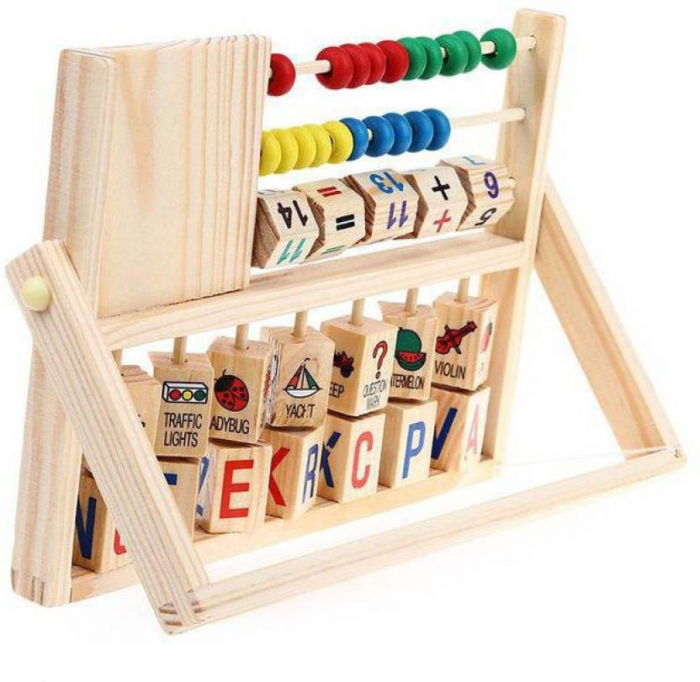 Tablita educativa din lemn Montessori multifunctionala cu socotitoare, litere, ceas, fructe, animale, Multicolor. [2]
