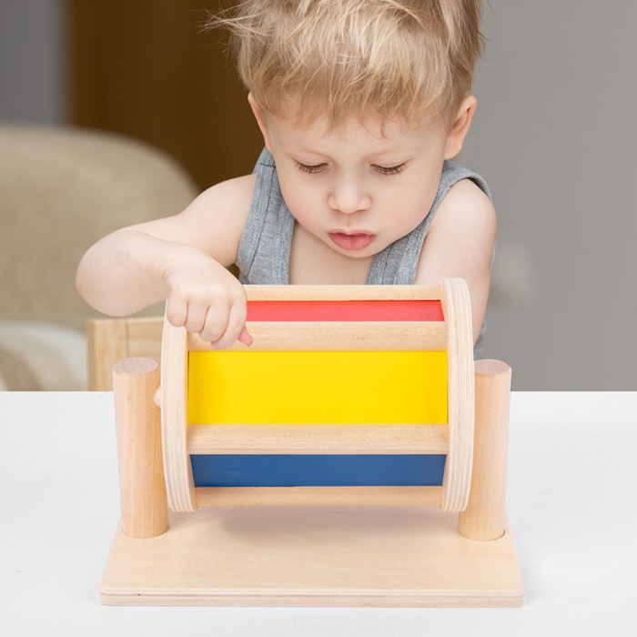 Tambur rotativ din lemn, jucarie Montessori, multicolor, cu clopotei. [2]