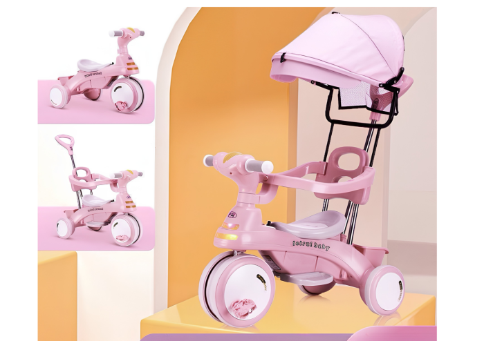 Tricicleta Albastra 3 In 1 Pentru Copii Cu Maner Parental, Spatar Si Functie Muzicala [2]