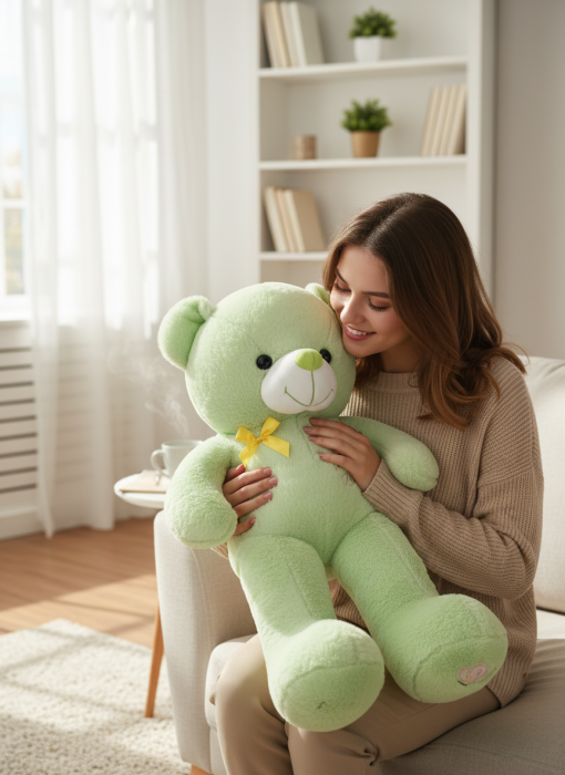 Ursulet Catifelat din Plus Verde Deschis Fundita si Broderie cu Fluturas 85 cm [2]