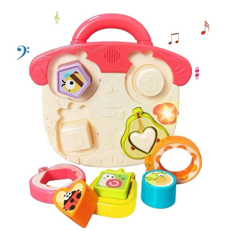 Jocuri de indemanare si dexteritate - Jucarie Educationala Tip Puzzle Montessori Interactiv cu Efecte Sonore, Sortator Forme, Fructe, Animale si Maner, ROZ