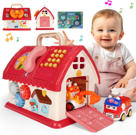 Jucarii copii si bebe - Casuta Educativa Montessori 8 in 1 cu Lumini, Sunete, Masinute si Activitati Interactive, ROZ