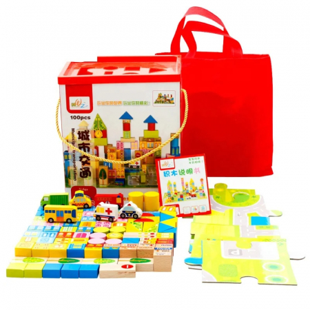 Jucarii si jocuri interactive pentru  copii - Cutie cu 100 de cuburi de constructie din lemn si sortator de forme