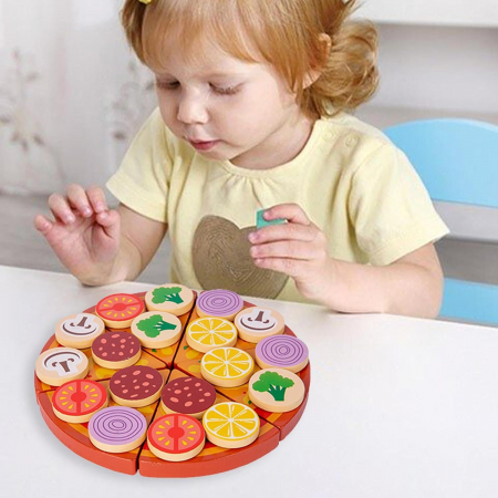 Jucarii din lemn - Set Montessori din Lemn, Pizza cu Ingediente si Accesorii