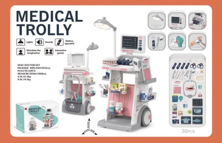 Trusa Medicala de Jucarie pentru Copii, 30 Piese, cu Carucior, Stetoscop, Monitor ECG, Roz [3]