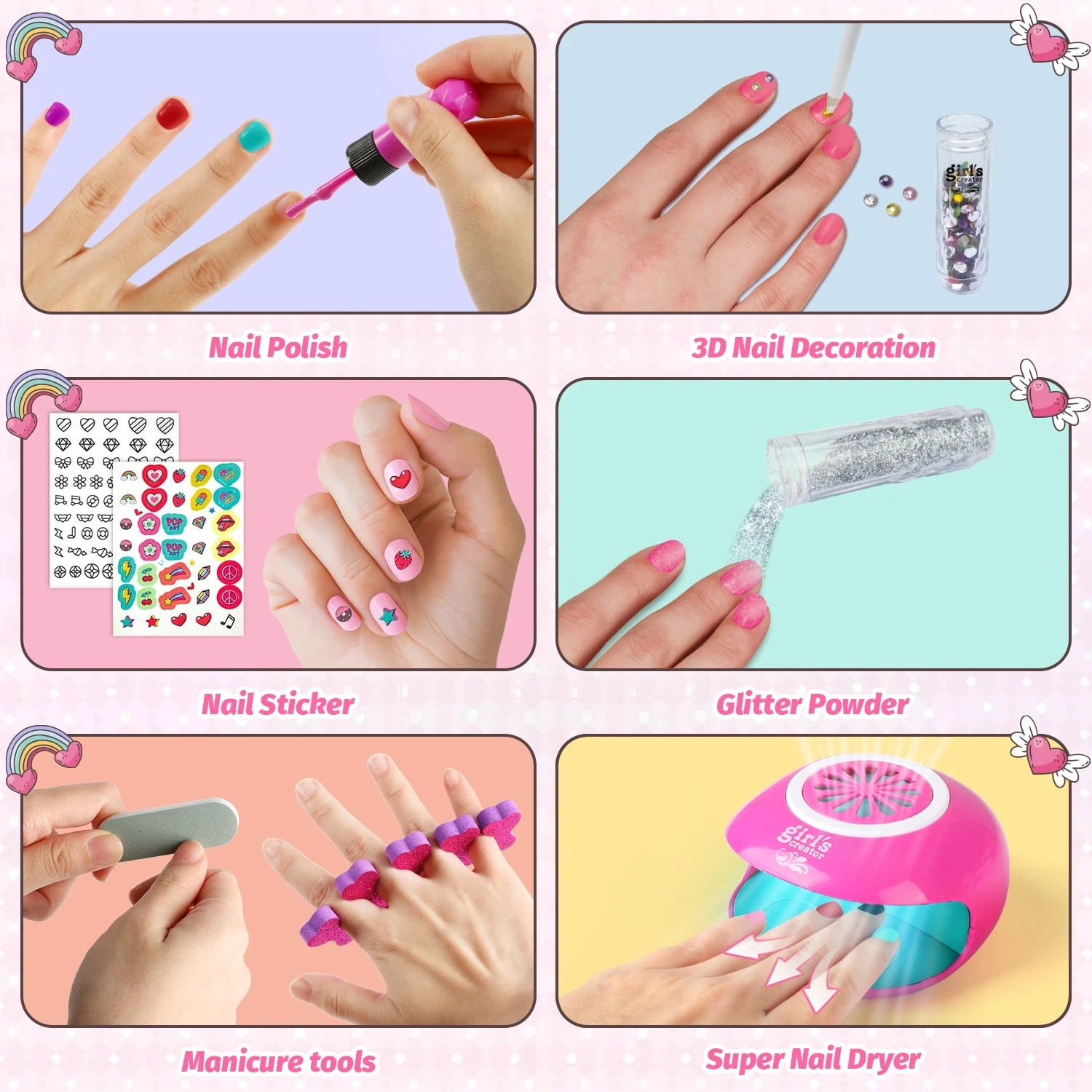 Set Complet de Manichiura pentru Copii cu 6 Creioane 3 in 1, Lampa de Unghii cu Aer si Accesorii Nail Art [2]