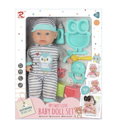 Copii 4 ani+ - Papusa Bebelus 33 cm cu Accesorii, Biberon, Suzeta si Accesorii pentru Masă, TURCOAZ