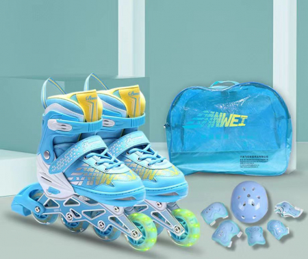 Jucarii si jocuri interactive pe varsta - Role Reglabile Copii, Roti cu Lumini LED, 35 - 38, Set Protectie - Albastru