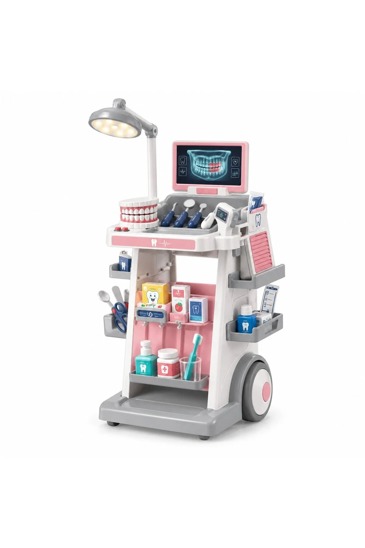 Copii 4 ani+ - Trusa Medicala de Jucarie pentru Copii, 26 Piese, cu Carucior, Stetoscop, Monitor ECG, Roz