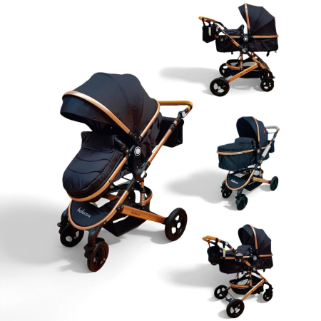 Carucioare si articole transport copii si bebelusi - Carucior 2 in 1, Cadru din Aluminiu, Landou Reversibil, Roti din Cauciuc si Accesorii Incluse, NEGRU