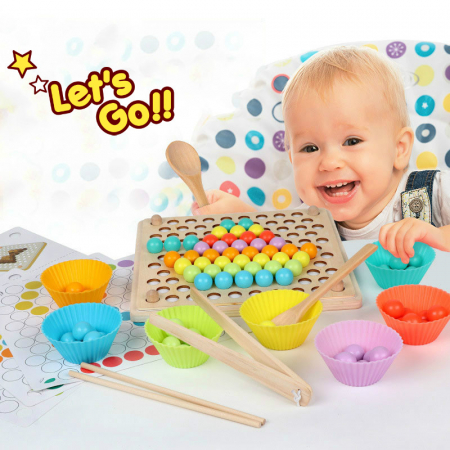 Jucarii din lemn - Joc de Îndemânare - Sortare și Asociere a Culorilor Bilelor Montessori