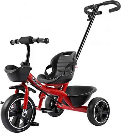 Jucarii de exterior - Tricicleta Copii cu Maner Parental, 2 Cosulete - Rosu