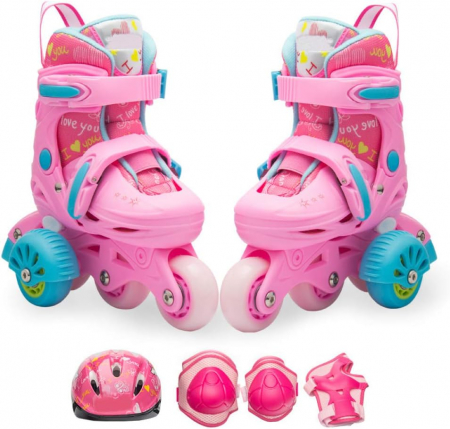 Role Roz pentru Fete, Roti Ajutatoare, Lumini LED, Set Protectie [1]