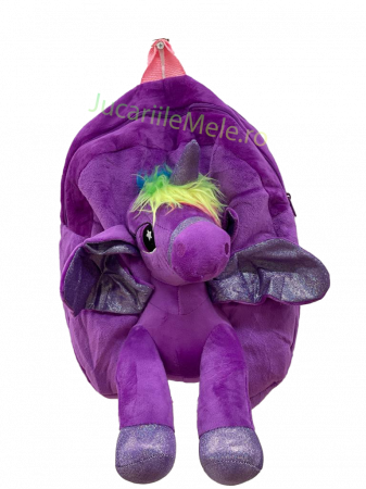 Articole pentru scoala si gradinita - Rucsac din plus de tip ghiozdanel pentru copii Mov cu Unicorn Voios