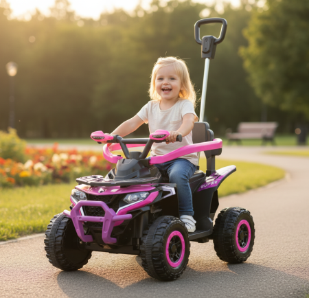 Copii 6 ani+ - ATV Electric Pentru Copii Cu Telecomanda 2.4G, Muzica MP3, Lumini LED, Motor 6V, Maner de Impins, 1-4 Ani, ROZ