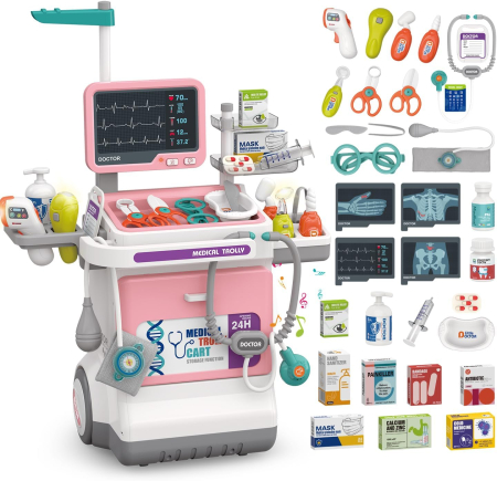 Copii 4 ani+ - Trusa Medicala de Jucarie pentru Copii, 30 Piese, cu Carucior, Stetoscop, Monitor ECG, Roz
