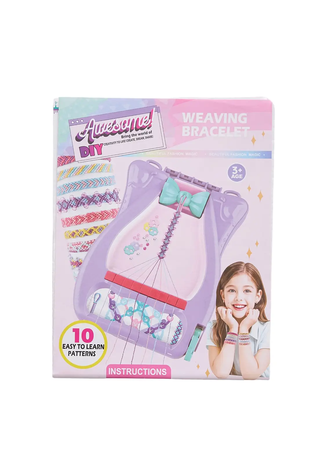 Copii 4 ani+ - Set DIY pentru Creat Bratari, cu Razboi de Tesut, Fire Colorate, Margele, Roz