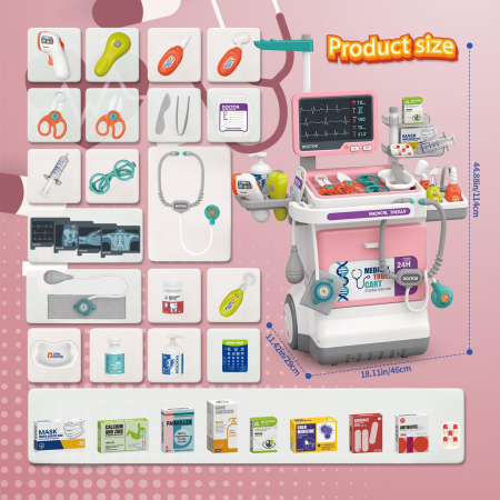 Trusa Medicala de Jucarie pentru Copii, 30 Piese, cu Carucior, Stetoscop, Monitor ECG, Roz [1]