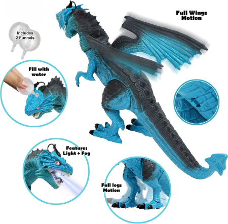 Dragon de Jucarie cu Telecomanda, Lumini, Sunete, Aripi Mobile si Efect de Fum, 26 cm, Albastru [3]