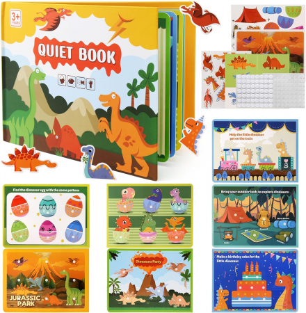 Jocuri si jucarii educative pe varsta - Quiet Book, Carte Montessori cu Stickere Reutilizabile, Model Dinozauri