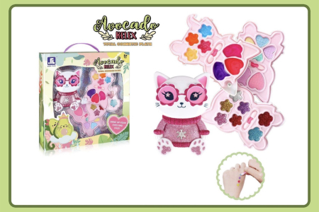 Copii 4 ani+ - Set Machiaj pentru Copii, Paleta Multifunctionala cu 3 Compartimente, model Pisicuta, Farduri Colorate