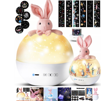 Jucarii si jocuri interactive pe varsta - Proiector LED pentru Copii, Model Iepuras, Lampa de Veghe, Proiectii cu Stele, Muzica, 6 Discuri si 6 Benzi Tematice