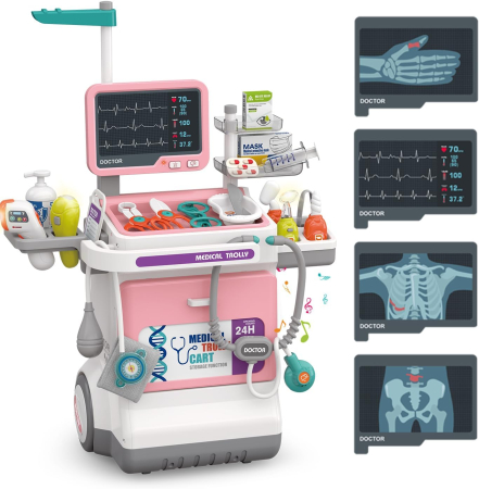 Trusa Medicala de Jucarie pentru Copii, 30 Piese, cu Carucior, Stetoscop, Monitor ECG, Roz [2]