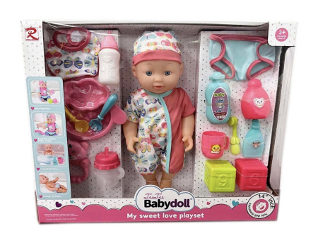Copii 4 ani+ - Papusa Bebelus 30 cm cu Accesorii pentru Hranire, Baie si Hainute de Schimb, Roz