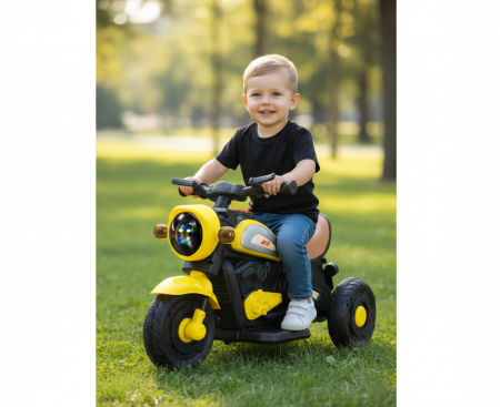 Copii 6 ani+ - Motocicleta Electrica pentru Copii, 3-6 Ani, cu Lumini Interactive LED, Port USB, Muzica si Roti Laterale de Sprijin, Galben