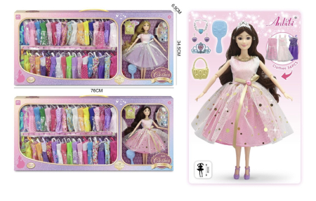 Copii 4 ani+ - Papusa Fashion Princess cu 36 de Rochii, Garderoba Completa, Bijuterii, Poseta, Perie si Accesorii, 30 cm, Par Blond