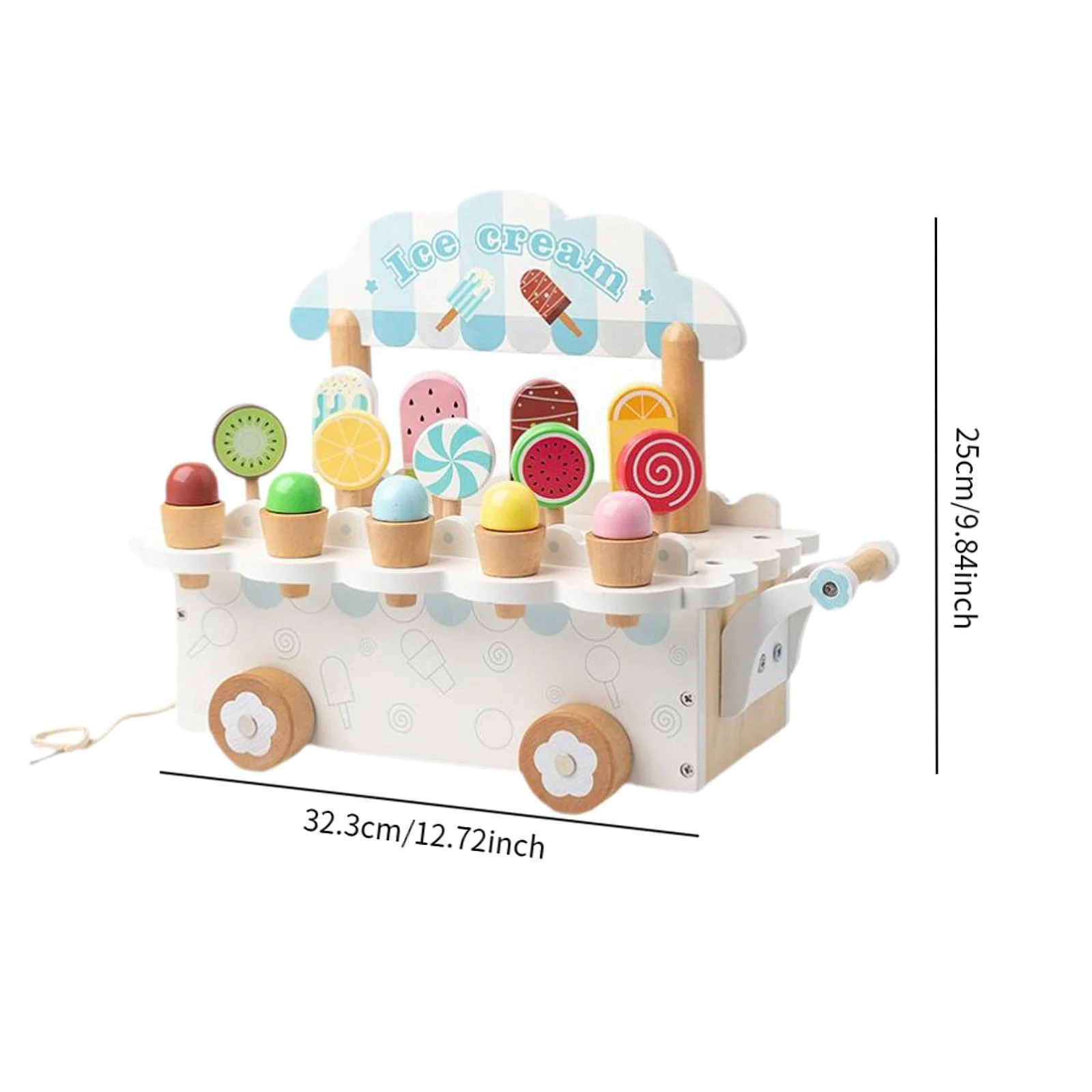 Joc de Rol din Lemn, Carucior cu Inghetata, Albastru Pastel [1]