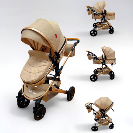 Carucioare - Carucior 2 in 1, Cadru din Aluminiu, Landou Reversibil, Roti din Cauciuc si Accesorii Incluse, BEJ