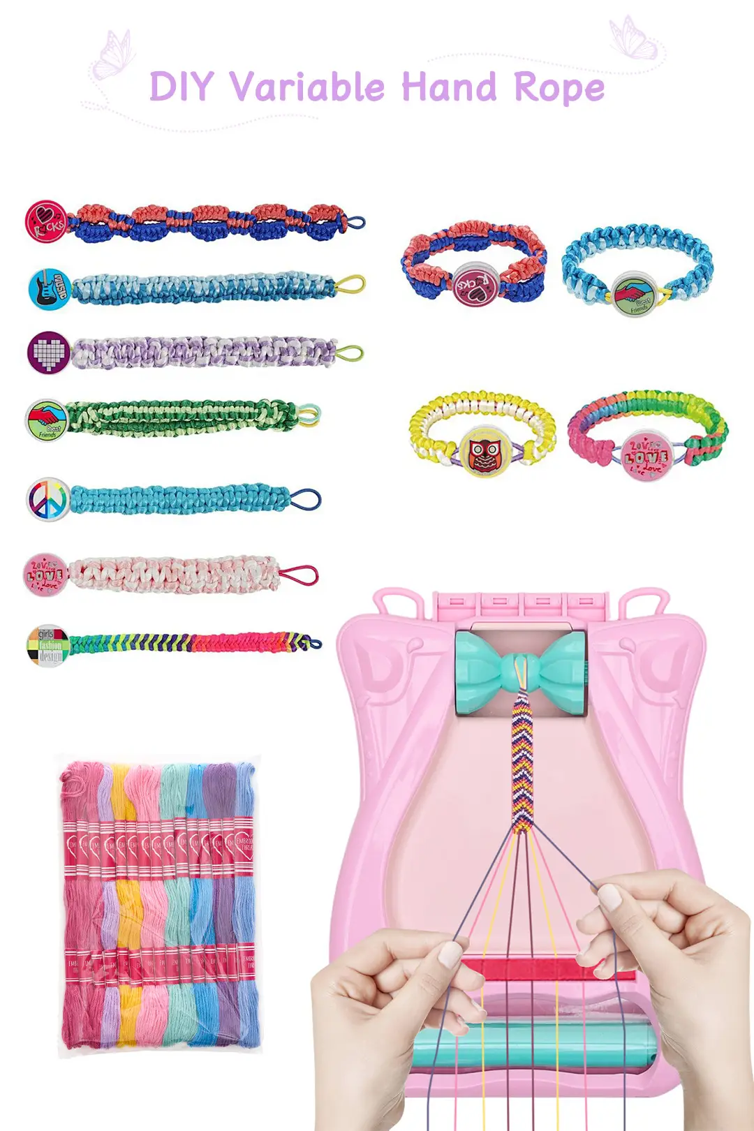 Set DIY pentru Creat Bratari, cu Razboi de Tesut, Fire Colorate, Margele, Roz [1]