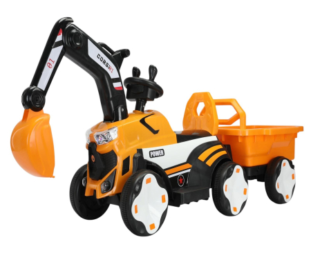 Copii 6 ani+ - Excavator Electric 2 in 1, Premergător, Motor 35W cu Baterie 6V, Remorca Detasabila, Muzică, lumini LED, 2 ani +, GALBEN