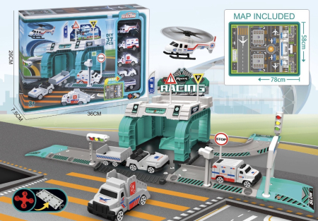 Copii 4 ani+ - Set Parcare Aeroport pentru Copii cu 37 Piese, Masini, Elicopter, Turcoaz
