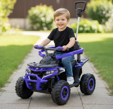 Copii 6 ani+ - ATV Electric Pentru Copii Cu Telecomanda 2.4G, Muzica MP3, Lumini LED, Motor 6V, Maner de Impins, 1-4 Ani, ALBASTRU