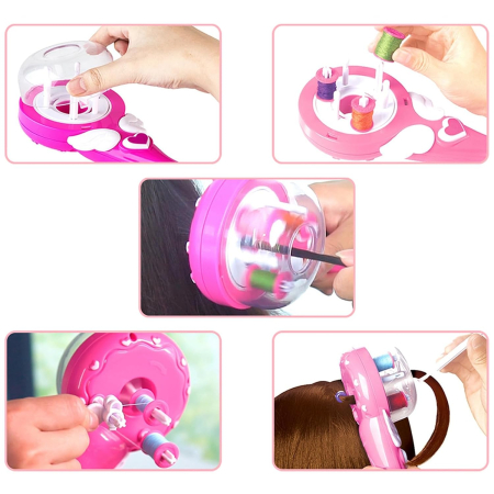 Aparat Electric de Impletit Parul pentru Copii, cu Fire Colorate si Accesorii, Roz [5]