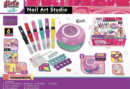 Copii 5 ani+ - Set Complet de Manichiura pentru Copii cu 6 Creioane 3 in 1, Lampa de Unghii cu Aer si Accesorii Nail Art