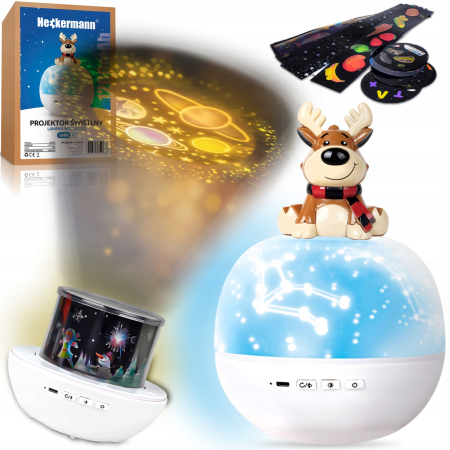 Jucarii si jocuri interactive pe varsta - Proiector LED pentru Copii, Model Cerb, Lampa de Veghe, Proiectii cu Stele, Muzica, 6 Discuri si 6 Benzi Tematice