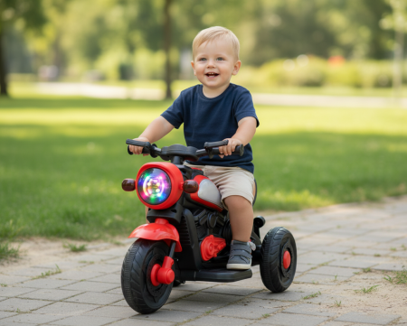 Copii 6 ani+ - Motocicleta Electrica pentru Copii, 3-6 Ani, cu Lumini Interactive LED, Port USB, Muzica si Roti Laterale de Sprijin, Rosu
