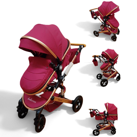 Carucioare - Carucior 2 in 1, Cadru din Aluminiu, Landou Reversibil, Roti din Cauciuc si Accesorii Incluse, FUCSIA