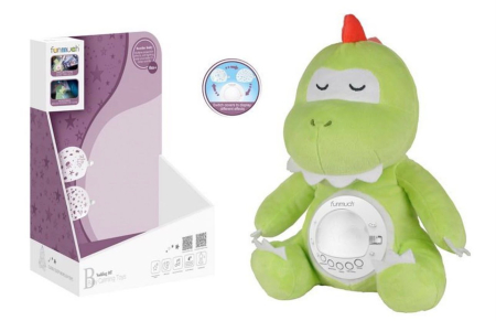 Bebe 0 luni+ - Jucarie de Plus Dino 3 in 1, cu Lampa de Veghe, Proiector si Muzica de Somnic
